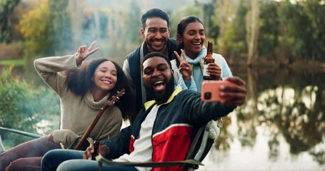 Canvas Print - Selfie, bonfire and friends with beer for camping or a celebration and to update social media of a vacation together. Drinks, travel and group of people happy for a picture in the woods or lake