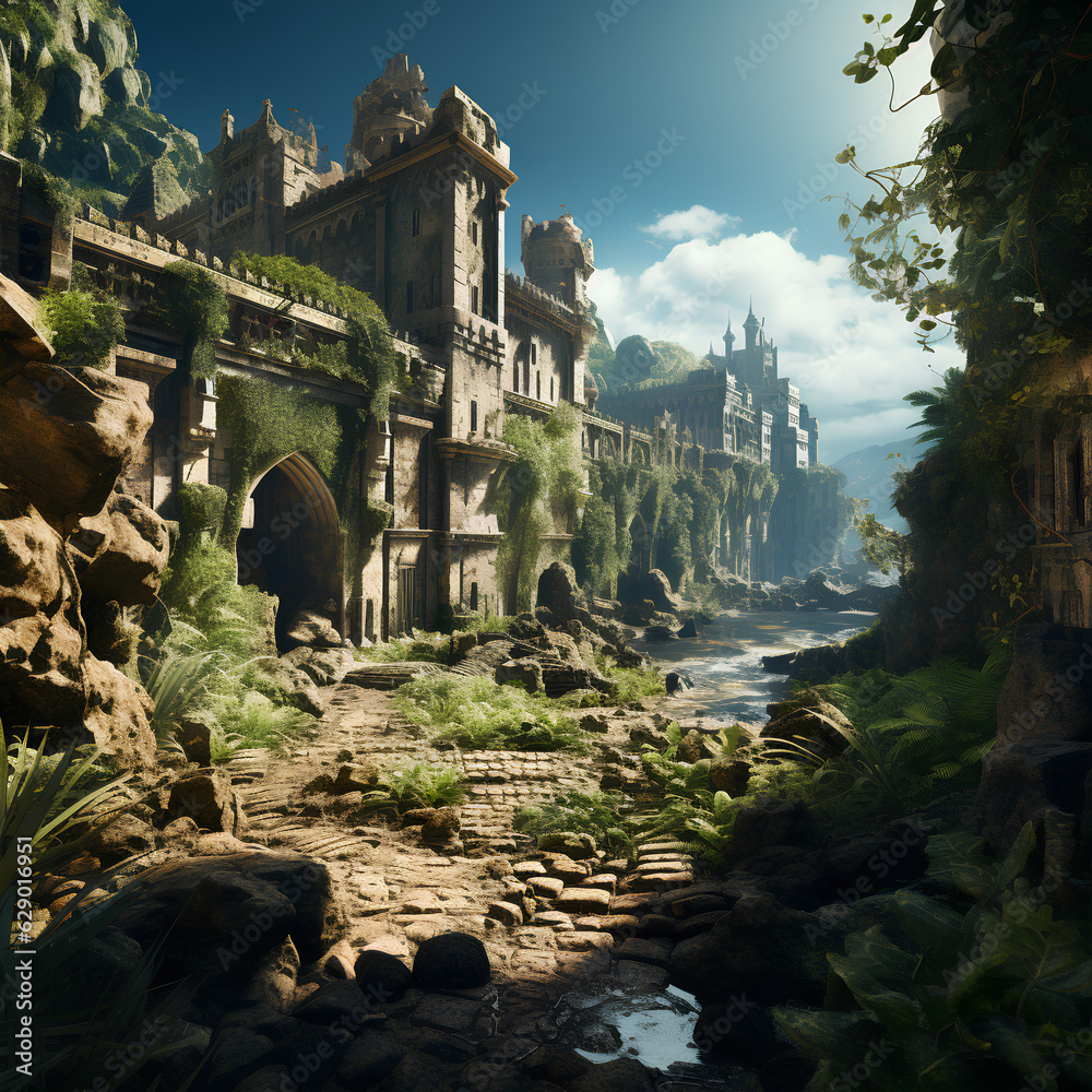 An ancient castle that has been destroyed and collapsed over thousands ...