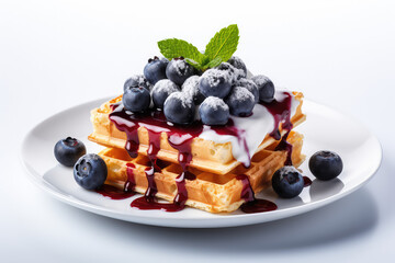 Delicious browned Belgian waffle with fresh blueberries and whipped cream and mint leaves isolated on a white flat background.