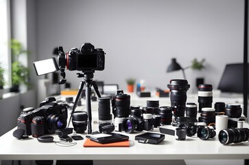 Poster - A group of cameras on a table Generative AI