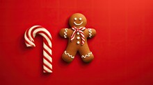Christmas Banner, Gingerbread Man And Candy Cane On Red Background At Christmastime. Tradition Of Happy Christmas. Joyful Celebrations With Festive Joy And Sweet Treats