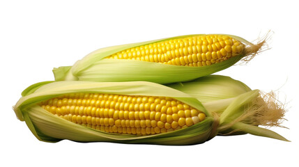 Golden Harvest: Two Fresh Corn Cobs on White Background - Generative AI