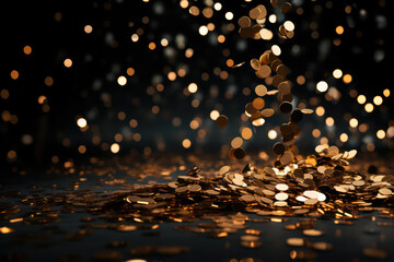 Poster - Golden coins falling on dark background with bokeh effect