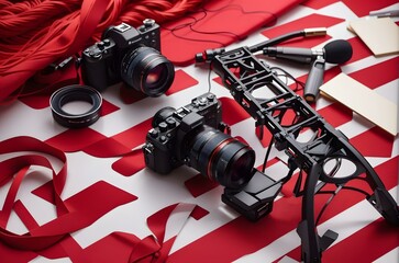 Canvas Print - A group of cameras on a red blanket Generative AI