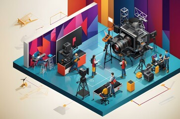 Wall Mural - A group of people in a room with cameras and equipment Generative AI