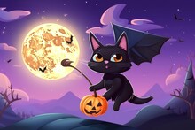 Cute Black Cat Dressed As Halloween Witch Flying On Broom In Night Sky In Front Of Full Moon