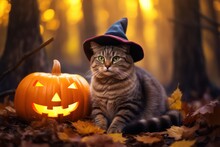Funny Tabby Cat With Green Eyes In Wizard Hat Sits On Ground Covered With Colourful Leaves Near Orange Glowing Yellow Pumpkin Against Backdrop Of Magical Autumn Forest. Halloween Celebration Concept