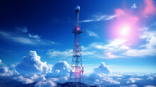 Mobile Communication Tower In The Mountains Against The Background Of Clouds. Generative Ai. 