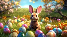 Happy Bunny With Many Easter Eggs On Grass Festive Generative Ai