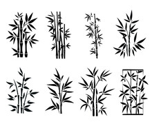 Bamboo Stems With Leaves Black Silhouette, Tropical Plants Vector Set