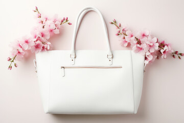 Classic women's white handbag decorated with fresh spring flowers isolated on a light pastel pink flat background with copy space. 