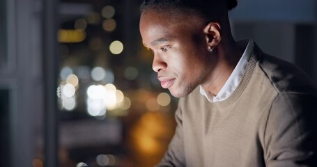 Aufkleber - Office, computer and business black man at night for website, research and browse internet. Corporate, email and happy male worker on laptop for planning, reading screen and working on online project