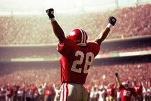 American Football Player Scores A Touchdown.American Football Player Celebrates Scoring A Touchdown In Front Of A Roaring Stadium Crowd