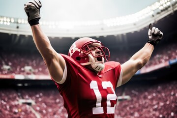 Wall Mural - American Football Player Scores a Touchdown.American football player celebrates scoring a touchdown in front of a roaring stadium crowd