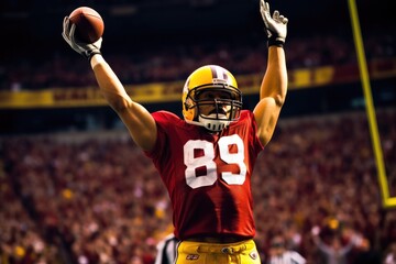 Wall Mural - American Football Player Scores a Touchdown.American football player celebrates scoring a touchdown in front of a roaring stadium crowd