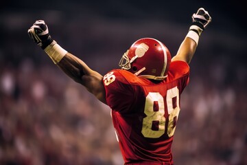 Wall Mural - American Football Player Scores a Touchdown.American football player celebrates scoring a touchdown in front of a roaring stadium crowd