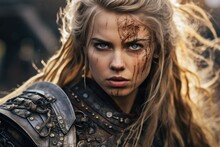 Portrait Of An Ancient Female Viking Warrior With Blonde Hair, Metal And Leather Armor Stained With Mud And Blood. Fighting Pose.