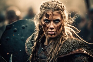 Wall Mural - Portrait of an ancient female viking warrior with blonde hair, metal and leather armor stained with mud and blood. Fighting pose.