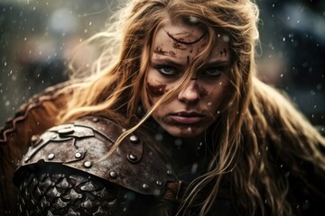 Wall Mural - Portrait of an ancient female viking warrior with blonde hair, metal and leather armor stained with mud and blood. Fighting pose.