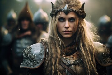 Wall Mural - Portrait of an ancient female viking warrior with blonde hair, metal and leather armor stained with mud and blood. Fighting pose.