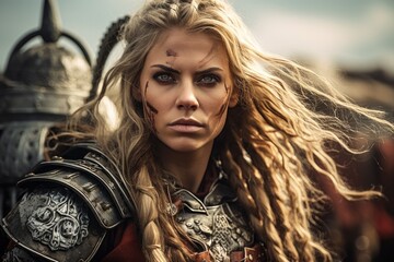 Wall Mural - Portrait of an ancient female viking warrior with blonde hair, metal and leather armor stained with mud and blood. Fighting pose.