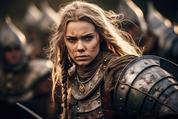 portrait of an ancient female viking warrior with blonde hair, metal and leather armor stained with 