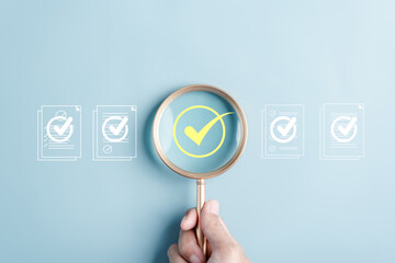 Aufkleber - Document Management Checking System, online documentation database and process manage files, Magnifier check and focus to document folder, documentation. Corporate business technology concept.