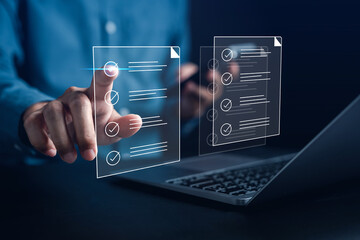 Aufkleber - Online survey filling out and digital form checklist by laptop computer, Document Management Checking System, online documentation database and process manage files.