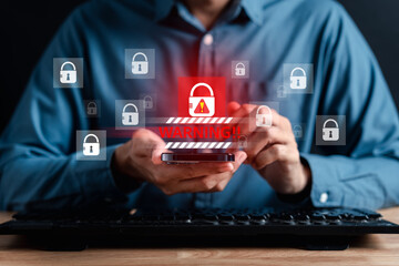 Fototapete - Alert System hacked popup on screen, spam virus with warning caution for notification on internet security protect, code and cyber security and phishing spyware and compromised information...