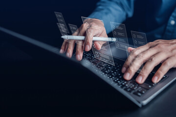 Aufkleber - Online survey filling out and digital form checklist by laptop computer, Document Management Checking System, online documentation database and process manage files.
