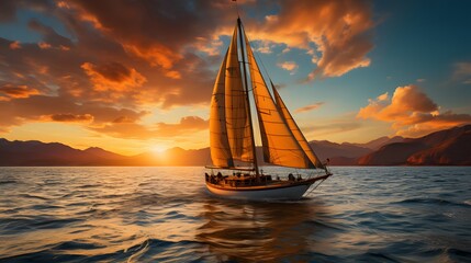 Wall Mural - Sailing yacht in the sea at sunset. Luxury yachts in the ocean at sunset.