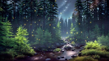 Wall Mural - magic supernatural fairy firefly lights soaring over forest river among pine tree thicket at dark my