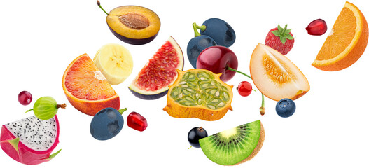 fruit salad ingredients, falling exotic fruit slices and berries collection, design element made of 