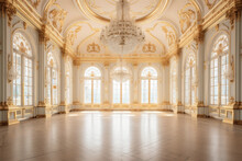 An Extravagant European Ballroom, Palace Styled Room With Large Windows And Natural Lighting, A Chandelier Hanging From The Ceiling, Gold Decorations, Baroque Style Architecture, Generative AI