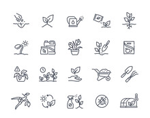 Grow Plants Icons Set. Outline Planting Flowers And Seeds, Watering Can And Fertilizers. Spring, Agriculture And Gardening Concept. Linear Flat Vector Collection Isolated On White Background