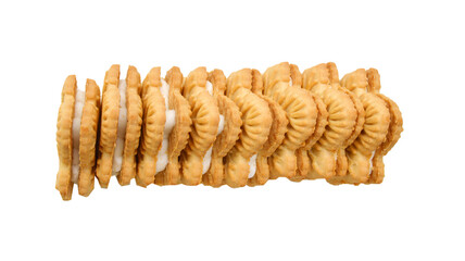 Wall Mural - Vanilla sandwich creme cookies on white background 