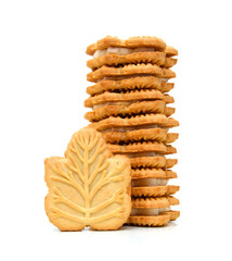 Wall Mural - Vanilla sandwich creme cookies on white background 