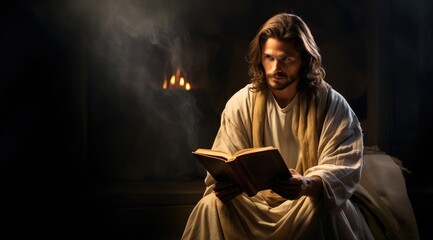 Poster - Jesus holding a Bible sitting looking at the camera 