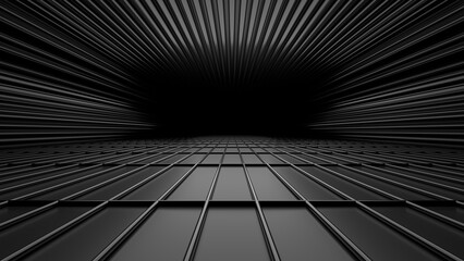 Poster - Sci Fy neon glowing lines in a dark tunnel. Reflections on the floor and ceiling. 3d rendering image. Abstract glowing lines. Techology futuristic background.