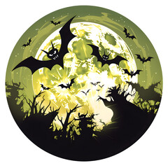 Sticker - halloween bat silhouette in front of the moon, cartoon clipart, transparent background