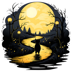 Wall Mural - halloween cat on a road in front of the moon, cartoon clipart, transparent background