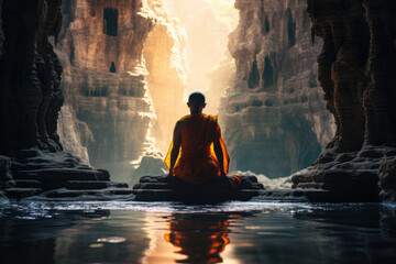 Spiritual Journey. Contemplative Buddhist Monk in Myanmar Embracing Tranquility. AI Generative