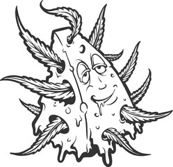 Fusion cute monster cheese and weed leaf monochrome  vector illustrations for your work logo, merchandise t-shirt, stickers and label designs, poster, greeting cards advertising business company