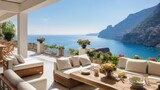 Fototapeta Niebo - Luxurious villa nestled along the breathtaking Amalfi Coast of Italy, with panoramic views of the sparkling Mediterranean Sea and cliffside terraces
