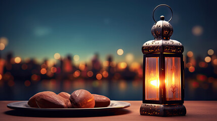 Wall Mural - Lantern that have moon symbol on top and small plate of dates fruit with night sky and city bokeh light background for the Muslim feast of the holy month of Ramadan Kareem.