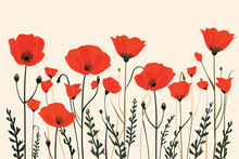Hand-drawn Cartoon Red Poppies Flat Art Illustrations In Minimalist Vector Style