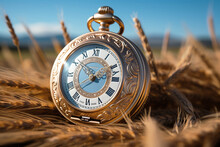 Vintage Pocket Watch Gleams In The Sunlight As It Rests Delicately Amidst A Golden Wheat Field, Evoking A Sense Of Nostalgia And Happiness For The Simple Pleasures Of Life