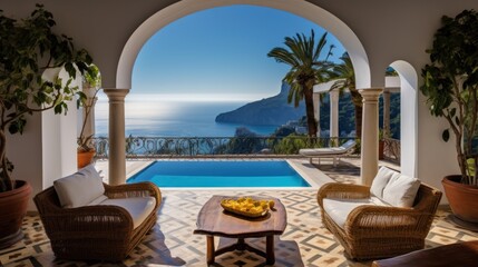 Luxurious villa nestled along the breathtaking Amalfi Coast of Italy, with panoramic views of the sparkling Mediterranean Sea and cliffside terraces