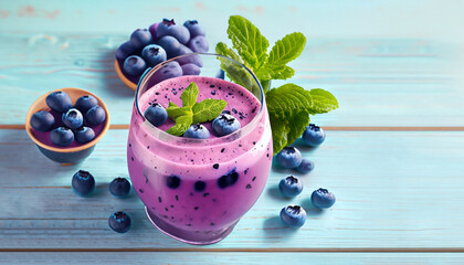 Wall Mural - Tasty blueberry smoothie with mint and fresh berries on light blue wooden table