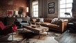 Living room decor, home interior design . Industrial Rustic style with Exposed Brick Wall decorated with Concrete and Wood material . Generative AI AIG26.